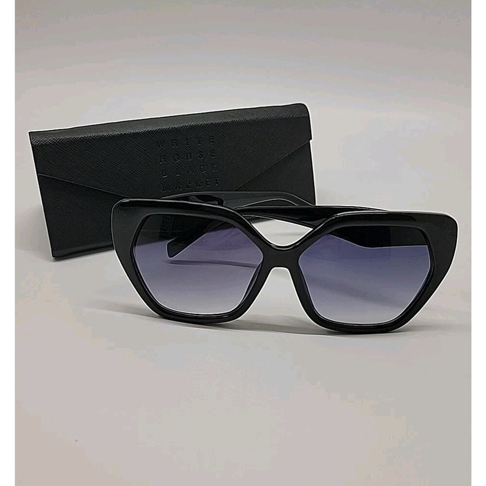 White House Black Market WHBM Women Sunglasses Black Cat Eye Geometric With Case